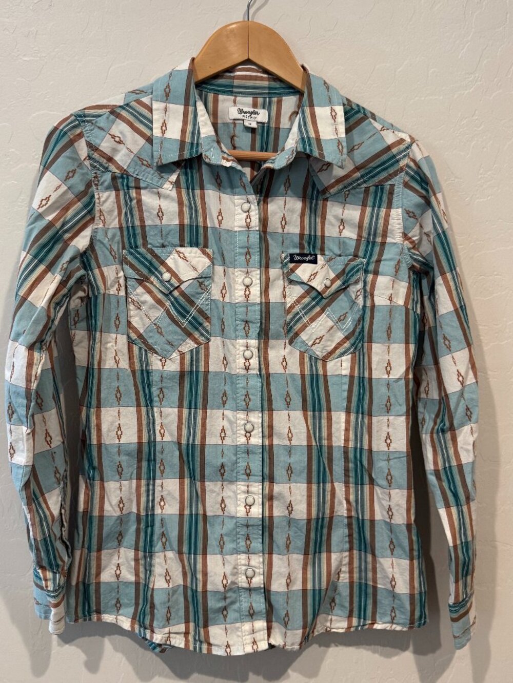Wrangler Retro Pearl Snap Western Shirt Southwest Plaid Turquoise Brown Medium M